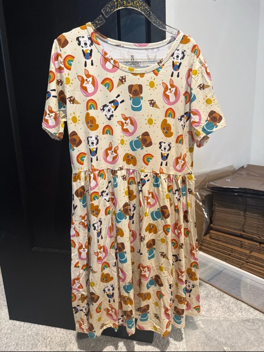 Girls Cream Rainbow & Puppy Print Short Sleeve Casual Dress